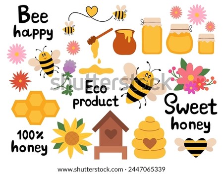 Honey flat Set elements, beekeeping industry. Jars and Pot, dipper spoon. Honeycombs, Hive. Funny bee. Flowers, Sunflower. And Lettering. Organic Eco farm fresh food and floral. Clip art vector.
