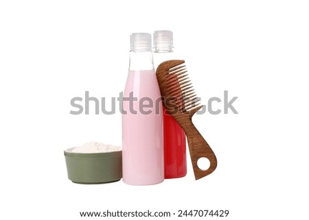PNG, collagen powder in bowl with wooden comb isolated on white background
