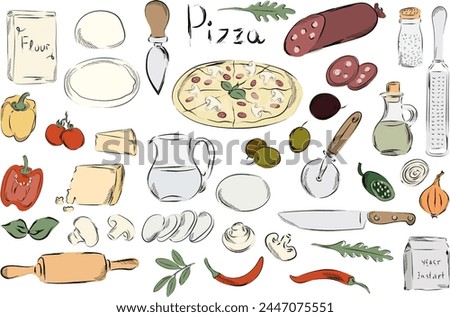 Graphic pizza hand drawn vector illustration. Ingredients for Italian restaurant or mediterranean food. pizza food elements clip art. Delicious Italian appetizer
