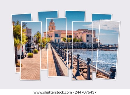 Isolated eight frames collage of picture of Mediterraneanm coast of Italy. Sunny summer cityscape of Acciaroli town with Church of Our Lady of the Annunciation. Mock-up of modular photo.
