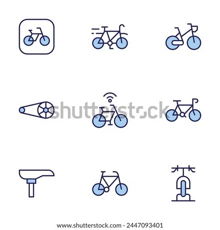 Bicycle icon set. Duo tone icon collection. Editable stroke, bike, bicycle, bike parking, cycling, saddle, gears.