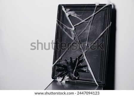 A spooky Halloween decoration featuring a black spider and cobwebs over a dark picture frame against a white background.