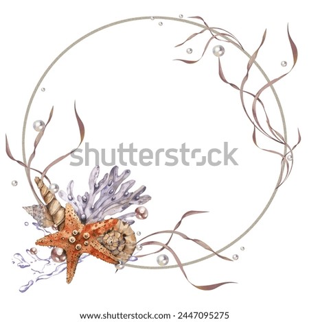 composition Starfish, Algae, Seaweed and Corals. round Frame. Watercolor illustration. isolated For fabric, textiles, clothing beach, summer accessories, business cards, logo travel agencies