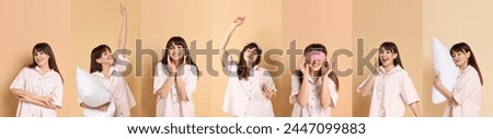 Woman in pajamas on beige background, collage of photos