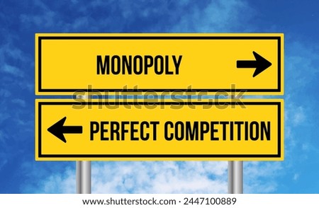 Monopoly or perfect competition road sign on sky background