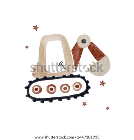 Beautiful hand drawn watercolor illustration with cute baby toys. Construction equipment clip art. Excavator digger.