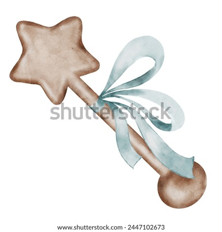 Baby rattle toy watercolor. Isolated clip art on a white background wooden star on a stick. For cards, tags and invitations to baby shower and birth