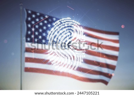 Abstract virtual fingerprint hologram on USA flag and sunset sky background. Multiexposure