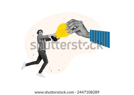 Creative picture collage young crazy man catch electrical lamp lightbulb idea invention concept arm hold smart clever solution