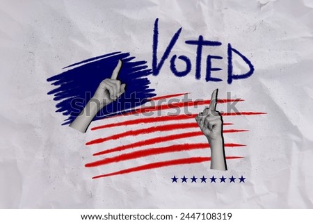 Creative collage picture human hands arms pointing showing voted choose candidate election referendum drawing background