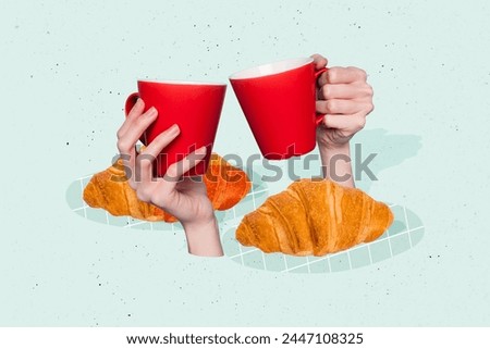 Composite collage picture image of hands hold croissant coffee mugs dessert cafe weird freak bizarre unusual fantasy
