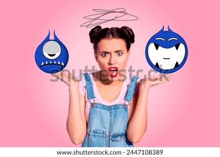 Composite collage picture image of annoyed female scolding monster face show different mood fantasy billboard comics zine minimal