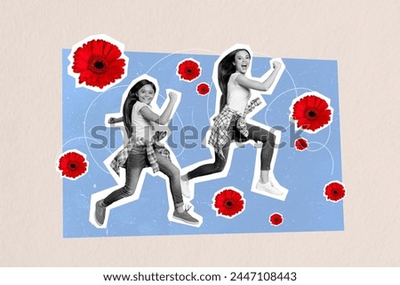 Composite collage picture image of funny cute family mother daughter sisters siblings run spend time together billboard comics zine minimal