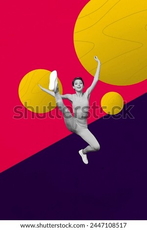 Composite trend artwork sketch photo collage of young active lady sport exercise sit raise leg up stretching yoga circle ball behind
