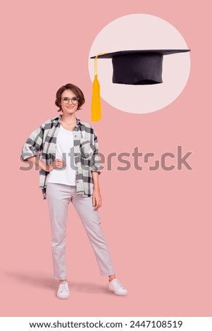 Composite collage picture of confident smart girl big mortarboard hat isolated on creative background