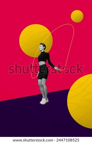 Composite trend artwork sketch photo collage of young active lady sport exercise jump up hold in hand rope stretching fitness cardio