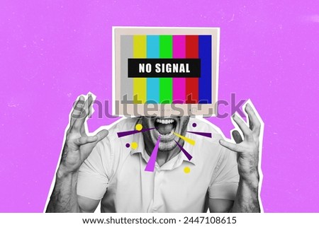 Creative picture collage young outraged man screaming no signal computer display monitor signal furious emotional crazy anger