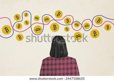 Composite photo collage of young girl stand back look blockchain chart stock bitcoin earnings trader isolated on painted background