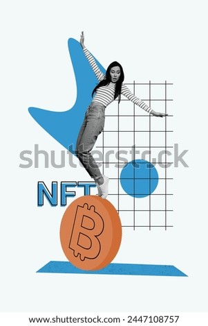 Vertical picture collage young standing woman balance golden btc coin cryptocurrency economy nft virtual assets checkered background