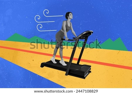 Creative drawing collage picture of young pretty female walk treadmill sportive lifestyle weird freak bizarre unusual