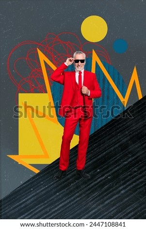 Sketch image trend artwork composite 3D photo collage of old handsome senior businessman wear red suit surreal environment doodle sun