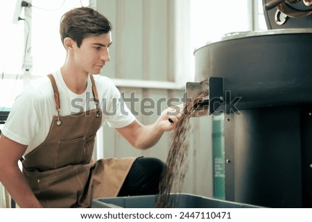 White Man craftsperson observing Freshly roasted coffee beans being removed from the roaster into the keeper with motion blur dropping coffee bean. Royalty-Free Stock Photo #2447110471