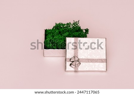 The image showcases an elegantly wrapped gift box, revealing vibrant green moss inside. The box features a silver bow and is set against a soft pink background, creating a delicate and celebratory atm
