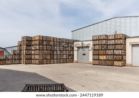 rows of wooden crates boxes and pallets for fruits and vegetables in storage stock on agro processing complex