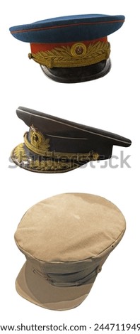 set of three peaked  cap of officer of the Soviet army isolated on white background. cap of the Second World War .