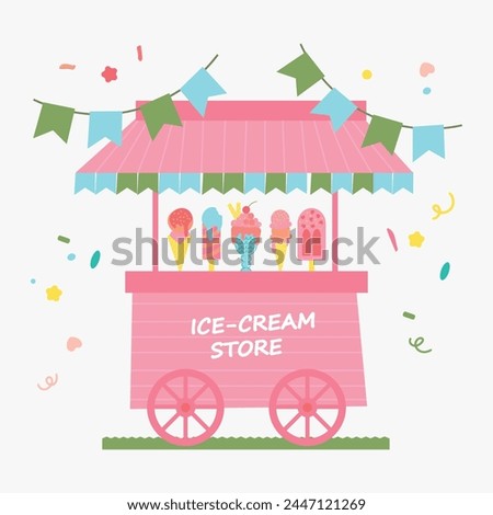 Cute pink Ice cream cart. Shop, cafe or market canopy, awning with white, blue and pink stripes. Striped sunshade for grocery, candy store or stall with ice cream or cotton candy, vector Illustration