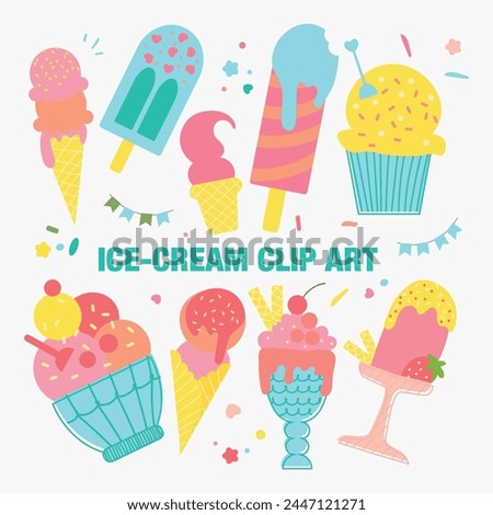 Collection of various multicolored ice cream icons. Vector illustration isolated on white background. ice cream clipart design for minimalist summer design and print, street food illustration or logo.