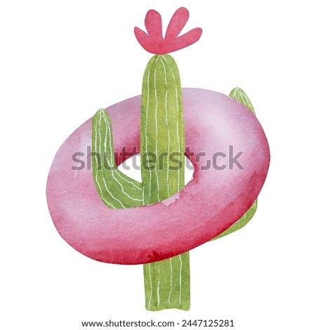 Vector Hand-Drawn Image Of A Summer-Themed Watercolor Illustration Features A Cactus With A Swimming Ring Clipart On A White Background