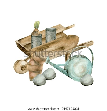 Garden tools and flowers composition with yellow daffodils, watering can, shovel and wooden wheel barrow. Florist arrangement, floral clip art for garden shop, label, logo design.