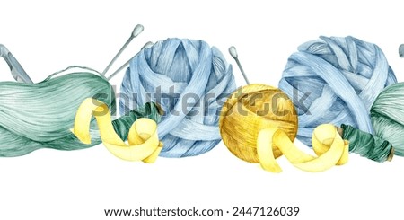 Wool knitting seamless border with yellow and blue yarn balls,skein and needles. Hand drawn hobby clip art for home decor, shop label. Hand made, craft.