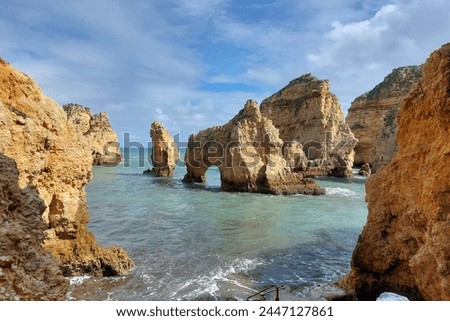 Natural rock formations with sea arch at ocean coast. Coastal landscape photography. Travel and nature concept. Design for poster, banner, wallpaper