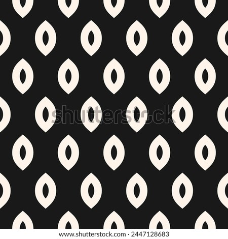 Simple minimalist black and white mesh texture. Vector seamless pattern with simple ovate shapes, eyes, grid, lattice. Minimal monochrome background. Modern abstract dark repeated decorative design