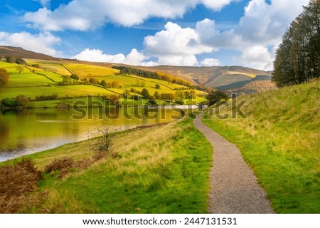 View of autumn colours at Ladybower Reservoir, Derbyshire, Peak District National Park, England, United Kingdom, Europe Royalty-Free Stock Photo #2447131531