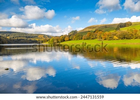 View of autumn colours at Ladybower Reservoir, Derbyshire, Peak District National Park, England, United Kingdom, Europe Royalty-Free Stock Photo #2447131559