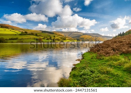 View of autumn colours at Ladybower Reservoir, Derbyshire, Peak District National Park, England, United Kingdom, Europe Royalty-Free Stock Photo #2447131561