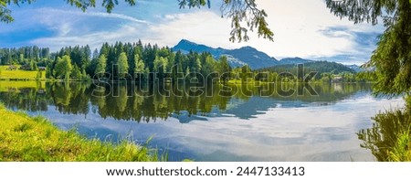View of reflections in Schwarzsee, Kitzbuhel, Austrian Tyrol, Austria, Europe
