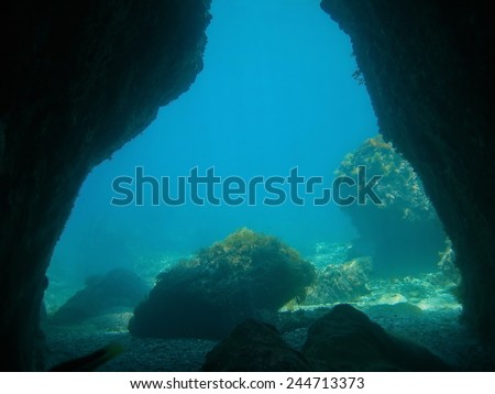 Exit of an underwater cave in the Mediterranean sea, France