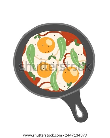 Shakshuka vector illustration. National dish of Israel made from eggs. fried eggs in a frying pan. Isolated on white background

