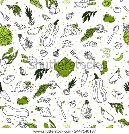 Yummy vegetable seamless or vector clip art. Hand-drawn outlines in vibrant green only hues add a fresh and cozy touch ideal for menu displays or homemade restaurant ambiance.