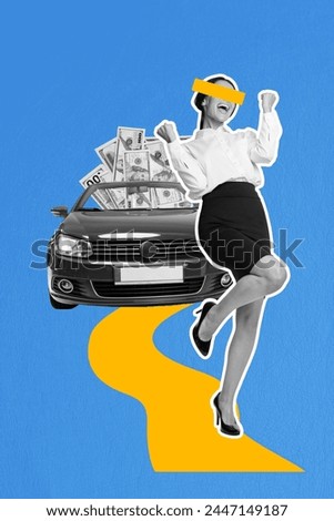 Vertical image collage of happy anonym girl win lottery prize auto dollars money victory director salary isolated on painted background