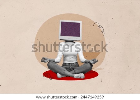 Creative collage picture young headless woman meditating computer monitor face hypnosis brainwashing zombie drawing background