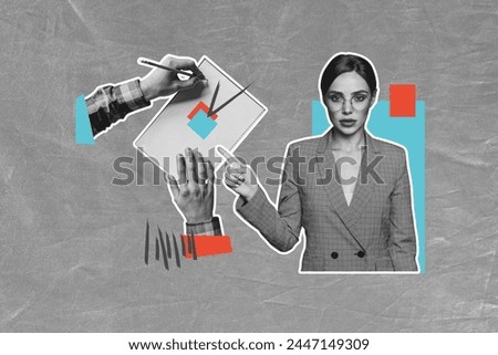 Composite photo collage of hands hold pencil approval project check mark girl director point finger vote isolated on painted background