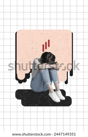 Vertical photo collage of upset depressed girl hug knee hopeless mental health problem loneliness burnout isolated on painted background