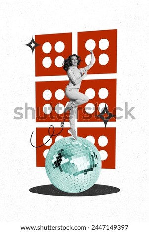 Vertical photo collage of happy girl stand tip toe shiny retro disco ball party relax leisure event isolated on painted background