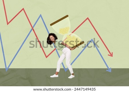 Creative collage picture young woman carry sandwatch dynamic stats arrow reach goal decrease progress drawing background time flow