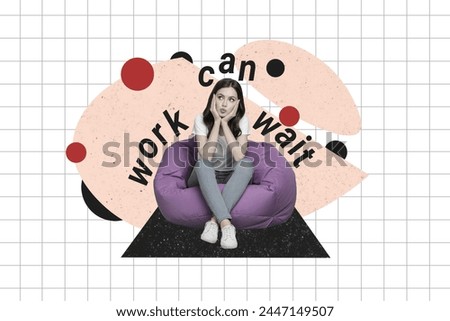 Composite photo collage of bored girl sit beanbag lazybones work can wait inscription tired exhausted isolated on painted background